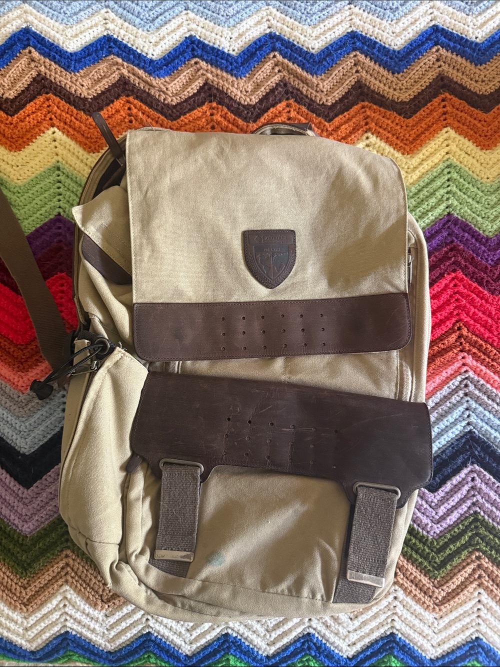 Columbia Sportswear Canvas and Leather Messenger Backpack - Tan and Brown